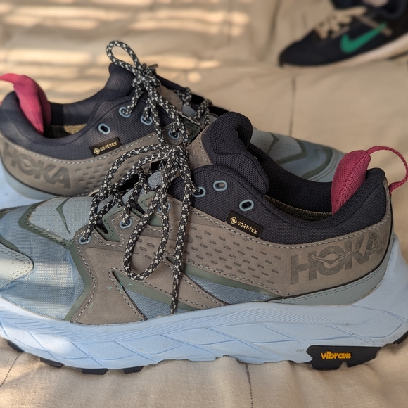 Hoka Shoes - Hoka Blue and Gray Running Shoes with Pink Highlights